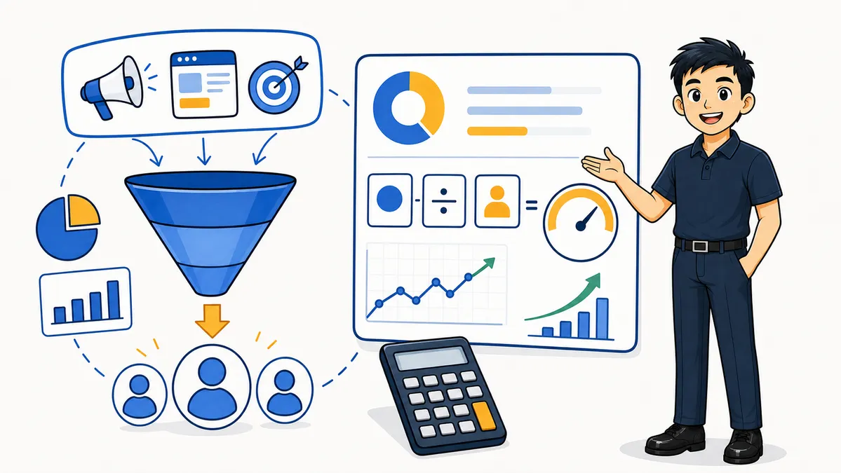 Ilustrasi Habib Hidayat menghitung customer acquisition cost dalam funnel marketing