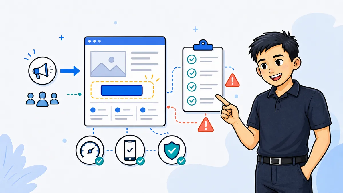 Ilustrasi Habib Hidayat mengevaluasi CTA pada landing page dan artikel marketing