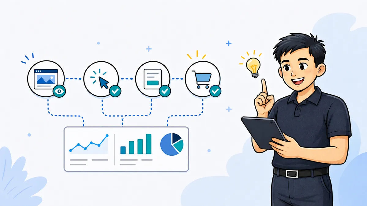 Ilustrasi marketer memeriksa Pixel, Events API, dan data katalog sebelum menaikkan budget TikTok Ads