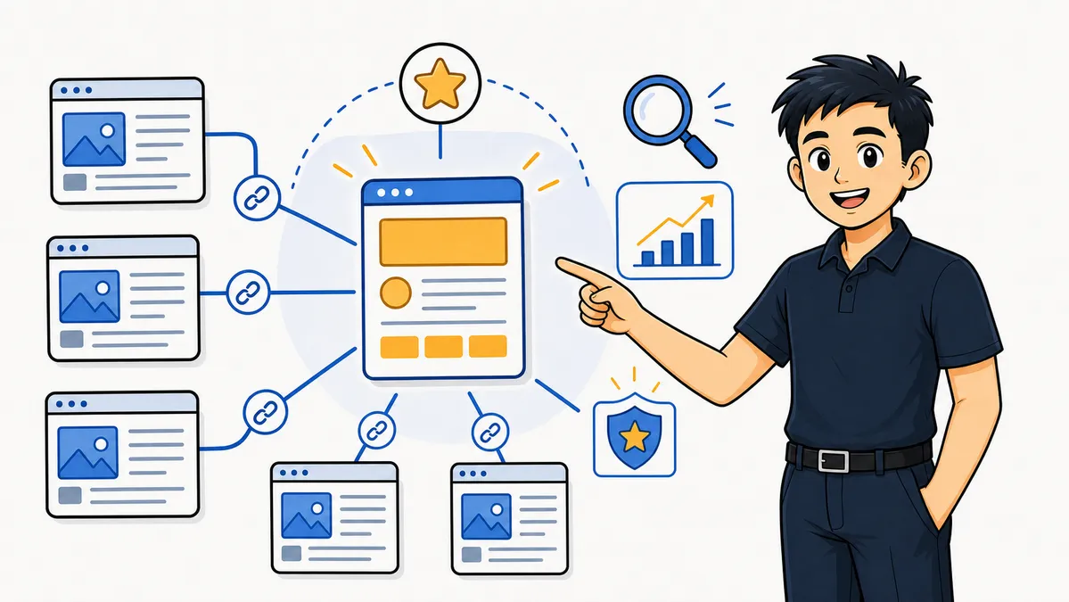 Ilustrasi Habib Hidayat menunjukkan peta internal linking dari artikel pendukung menuju pillar page blog personal brand