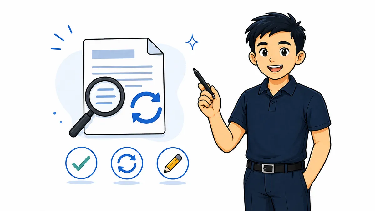 Ilustrasi Habib Hidayat menilai artikel SEO lama dengan dokumen, kaca pembesar, dan opsi keep, update, atau rewrite
