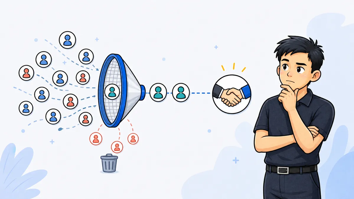 Ilustrasi Habib Hidayat mengevaluasi banyak lead B2B yang difilter menjadi sedikit lead berkualitas