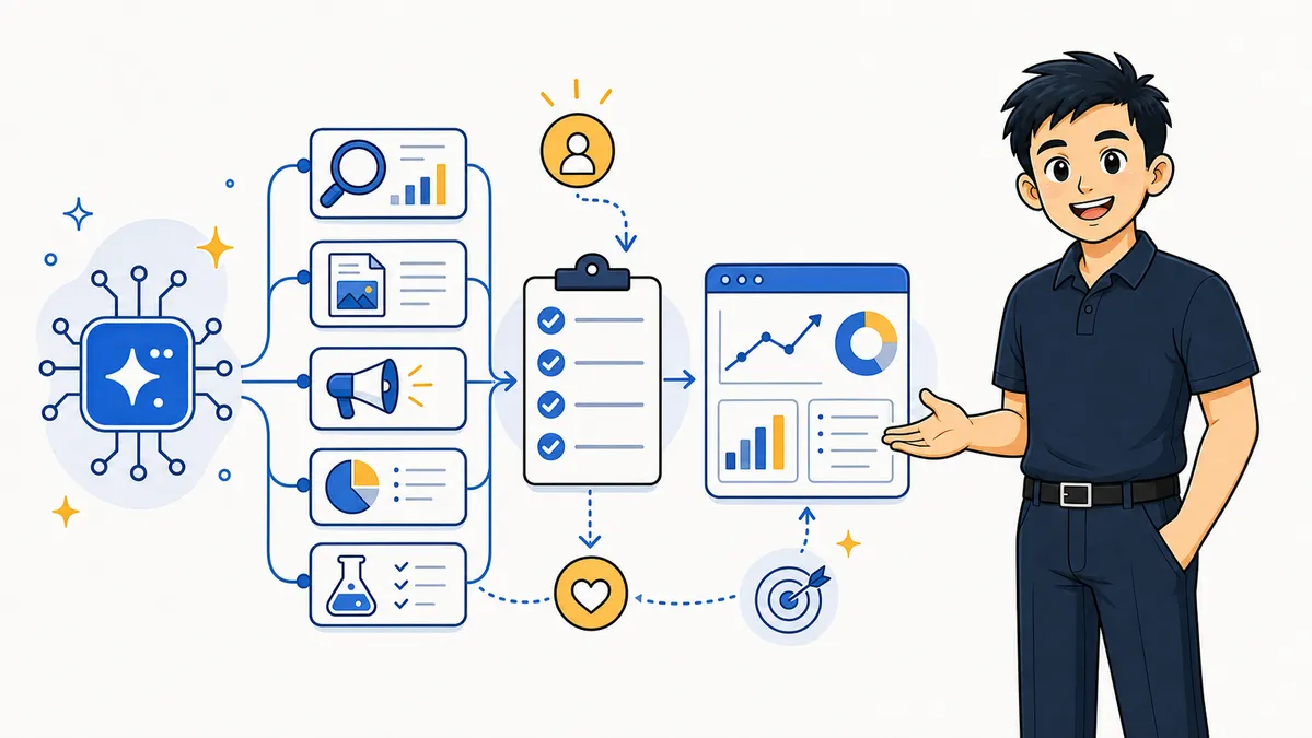Ilustrasi workflow tim marketing memeriksa label transparansi AI pada materi iklan Google