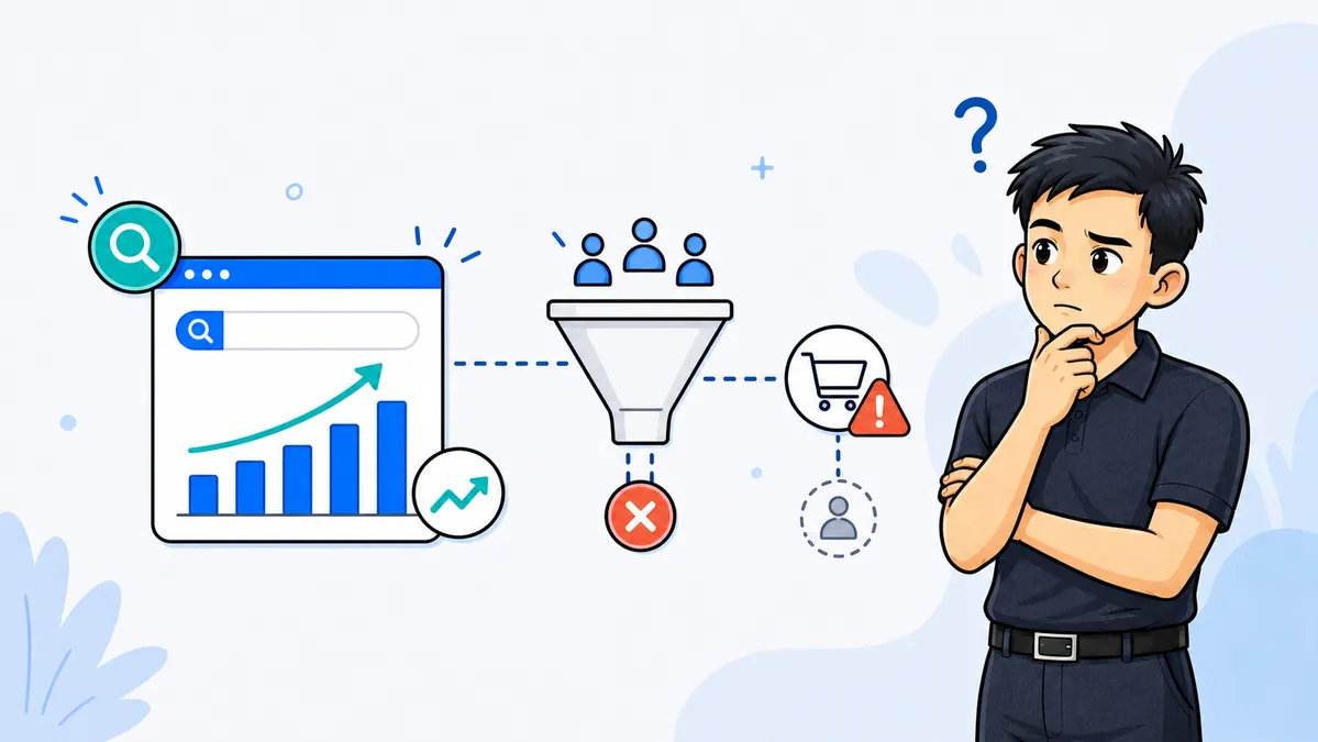 Ilustrasi Habib Hidayat mengevaluasi traffic SEO yang naik tetapi belum tersambung ke conversion dan sales