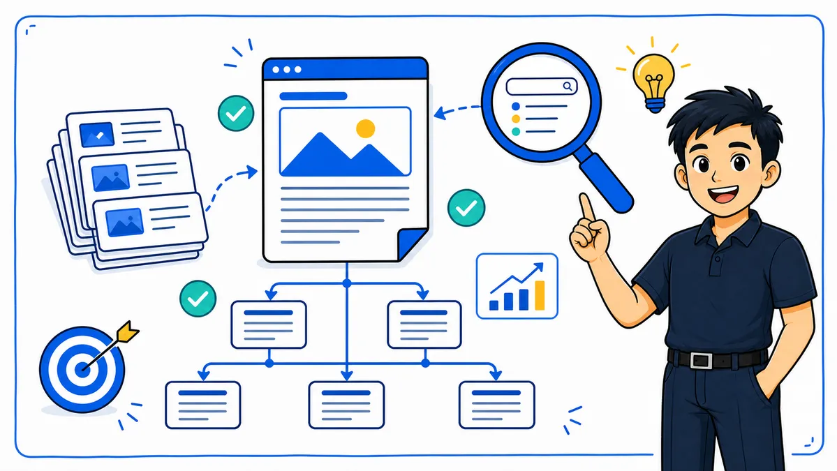 Ilustrasi Habib Hidayat menjelaskan SEO untuk blogging dengan peta topik, search intent, artikel, dan internal link